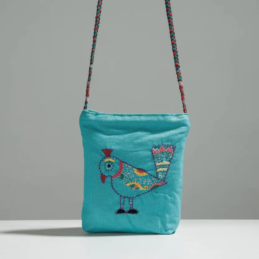 Blue - Cotton Fabric Hand Embroidered Sling Bag