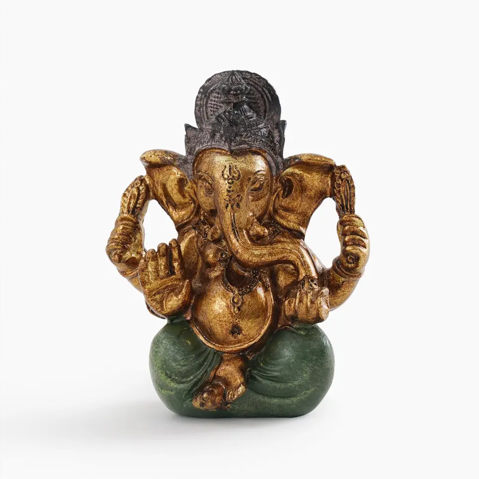 Dark Green Antique Gold Polyresin Sitting Ganesha - Small